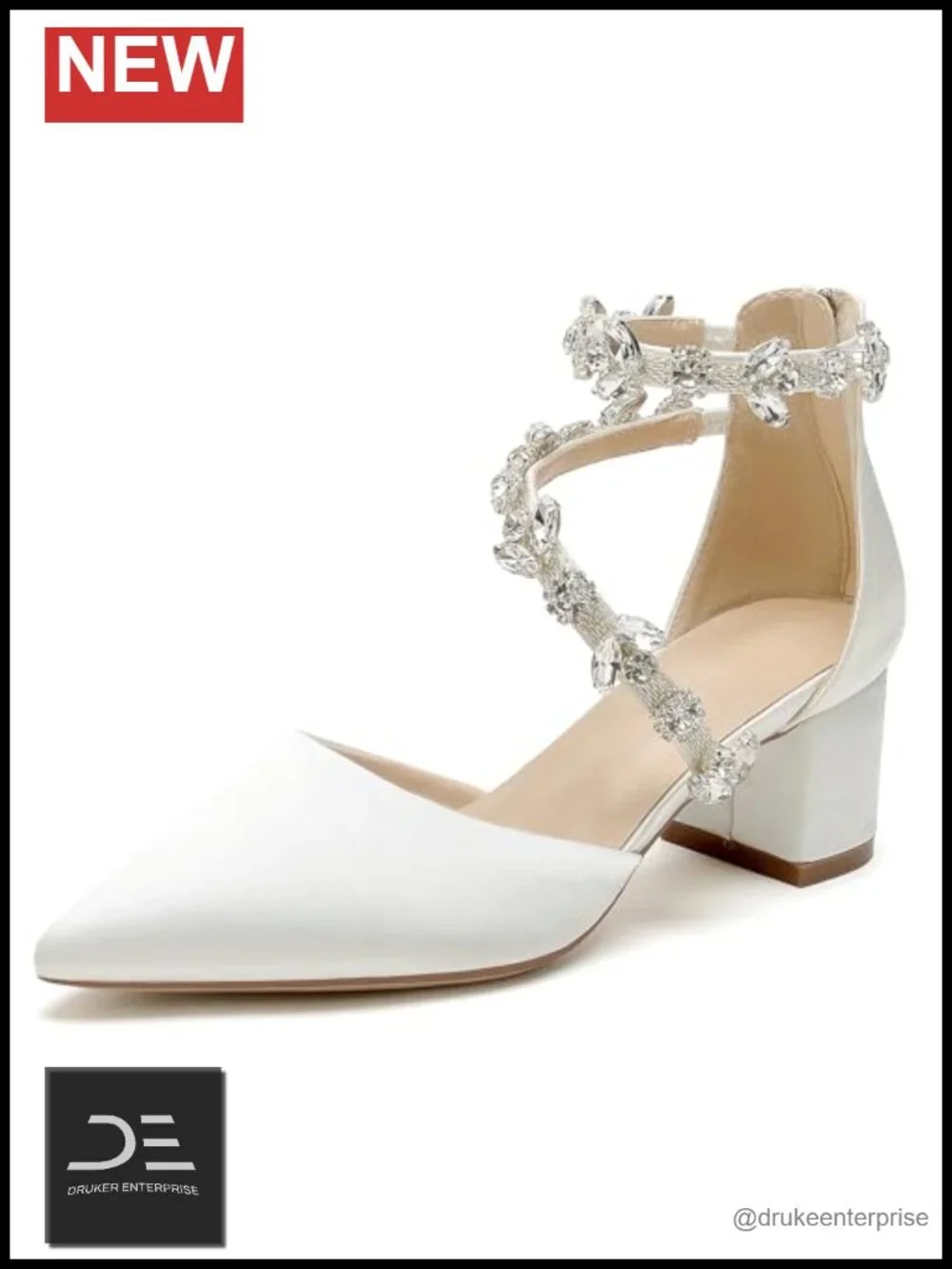 Satin Crystal Pump Heels with Block Heel and Ankle Strap for Wedding Prom Party